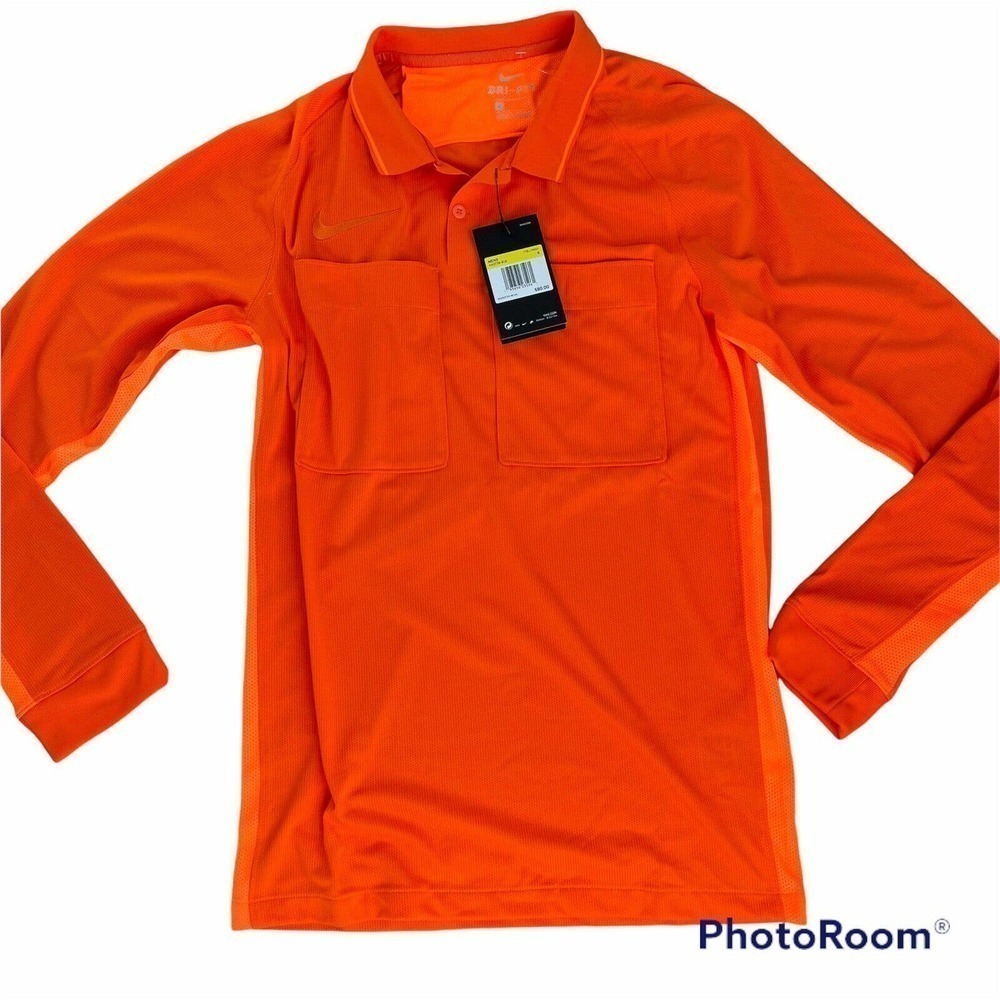 NIKE Mens Small Neon Orange Dri-FIT Perforated Long Sleeve Soccer Referee Jersey